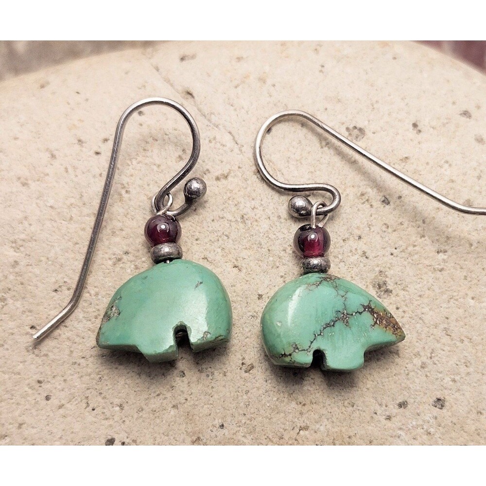 Vintage Southwestern Turquoise Stone Garnet Fetish Bear Sterling Silver Earrings